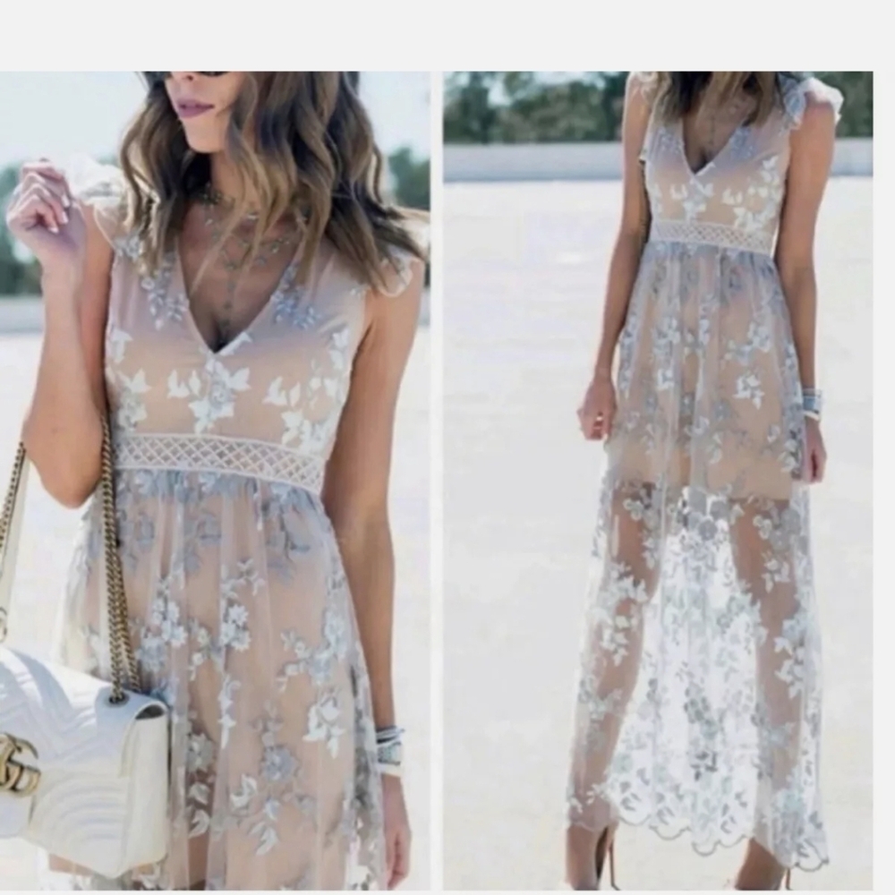 WAYF | Oakfield Embroidered Lace Maxi Cocktail Formal Dress Size Large EUC
